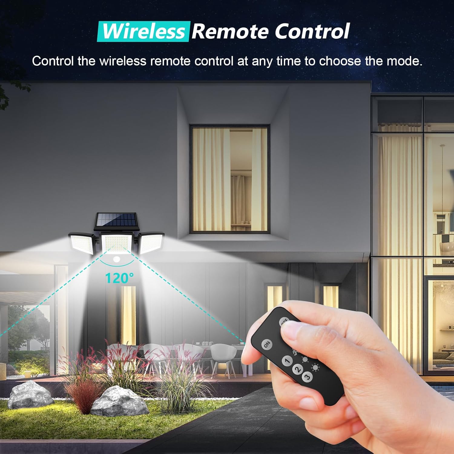 Solar Outdoor Lights 2500LM 210 LED Security Lights with Remote Control,3 Heads Motion Sensor Lights, IP65 Waterproof,270° Wide Angle Flood Wall Lights with 3 Modes