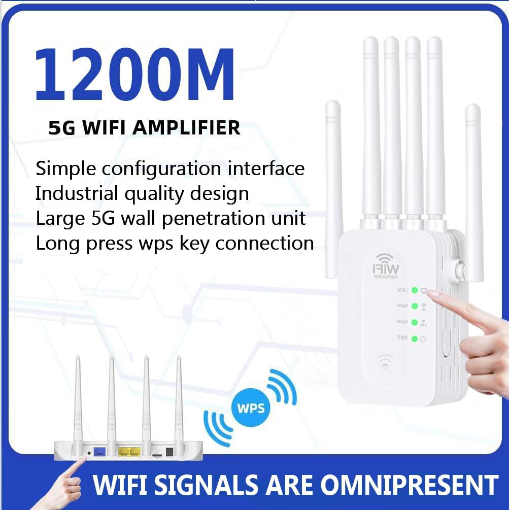 WiFi Extender Signal Booster, 2025 Best WiFi Extender with Ethernet Port, 1200Mbps WiFi Booster Dual Band 5GHz/2.4GHz, Up to 9800 Sq.ft and 60 Devices, Stable Internet Performance, 1-Tap Setup, White