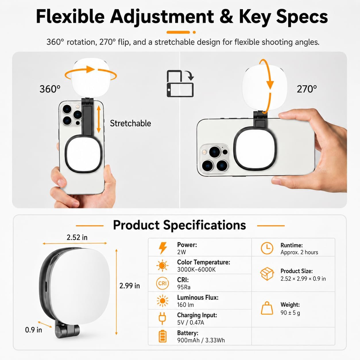 Magnetic Selfie Light with Mirror, 72 LEDs Stepless Brightness & Color Temperature, 360° Rotating Fill Light