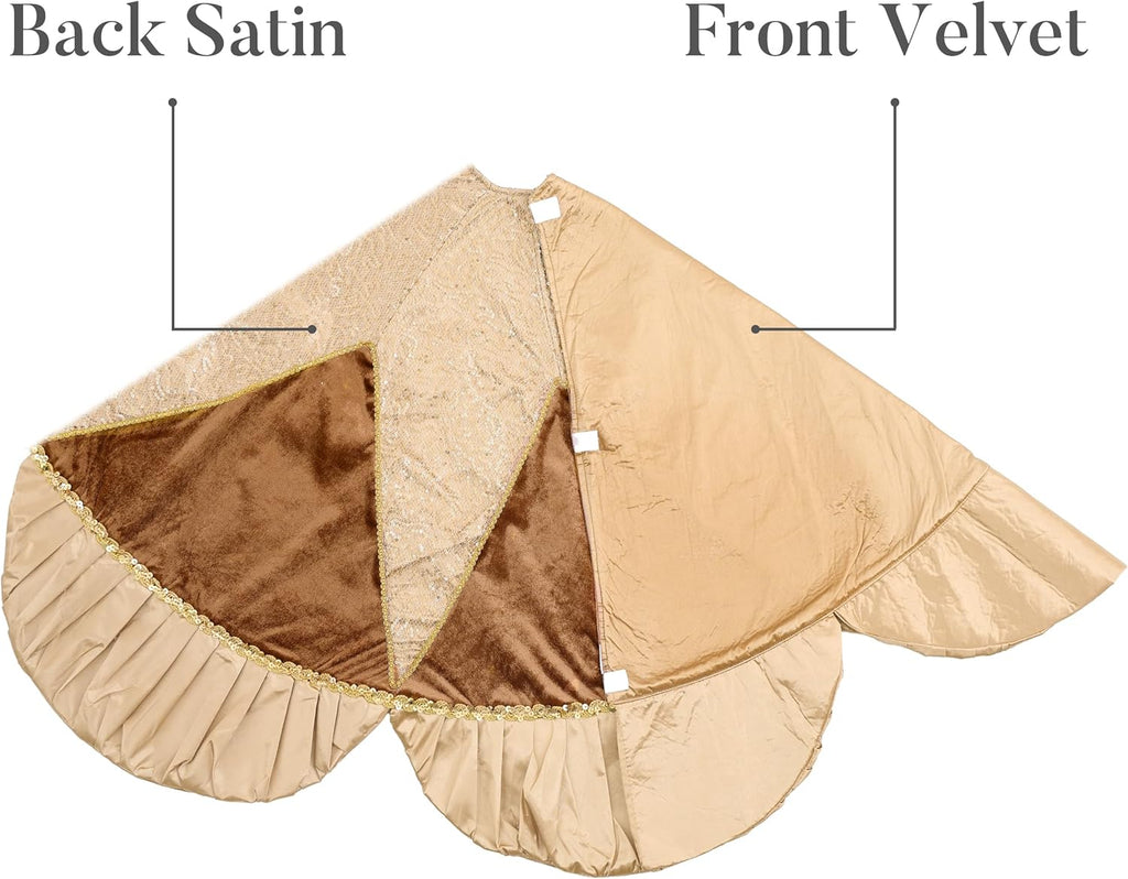 Valery Madelyn Christmas Tree Skirt for Tree Decorations, 48 inch Luxury Sparking Gold Large Xmas Velvet Tree Skirt with Starshaped Sequins Pattern & Ruffle Trim for Chritmas Decor