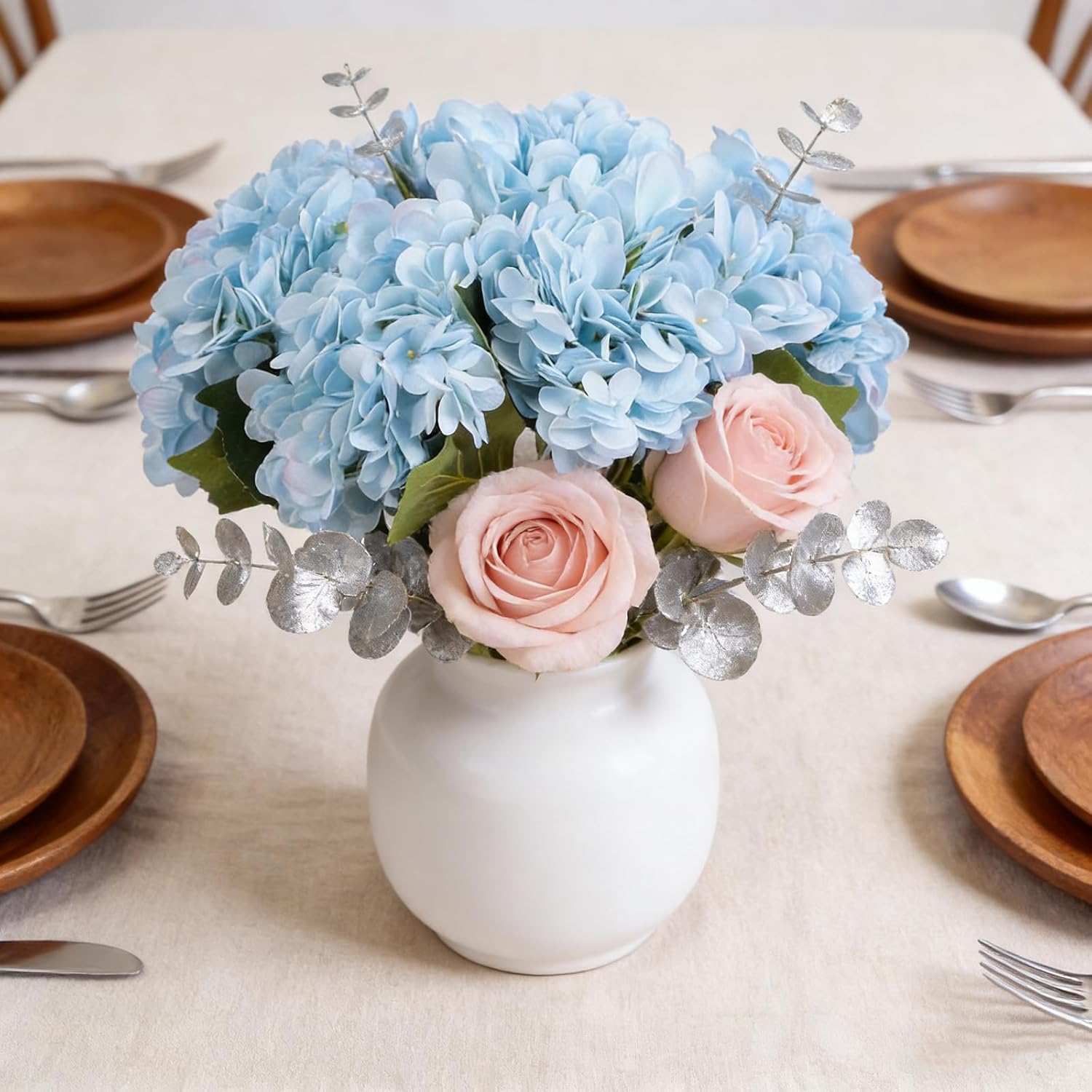 Kimura's Cabin 6pcs Blue Hydrangea Artificial Flowers Silk Fake Hydrangea Flowers with Stems Faux Hydrangeas for Wedding Bouquets Arrangement Home Table Centerpieces Baby Shower Party Decoration