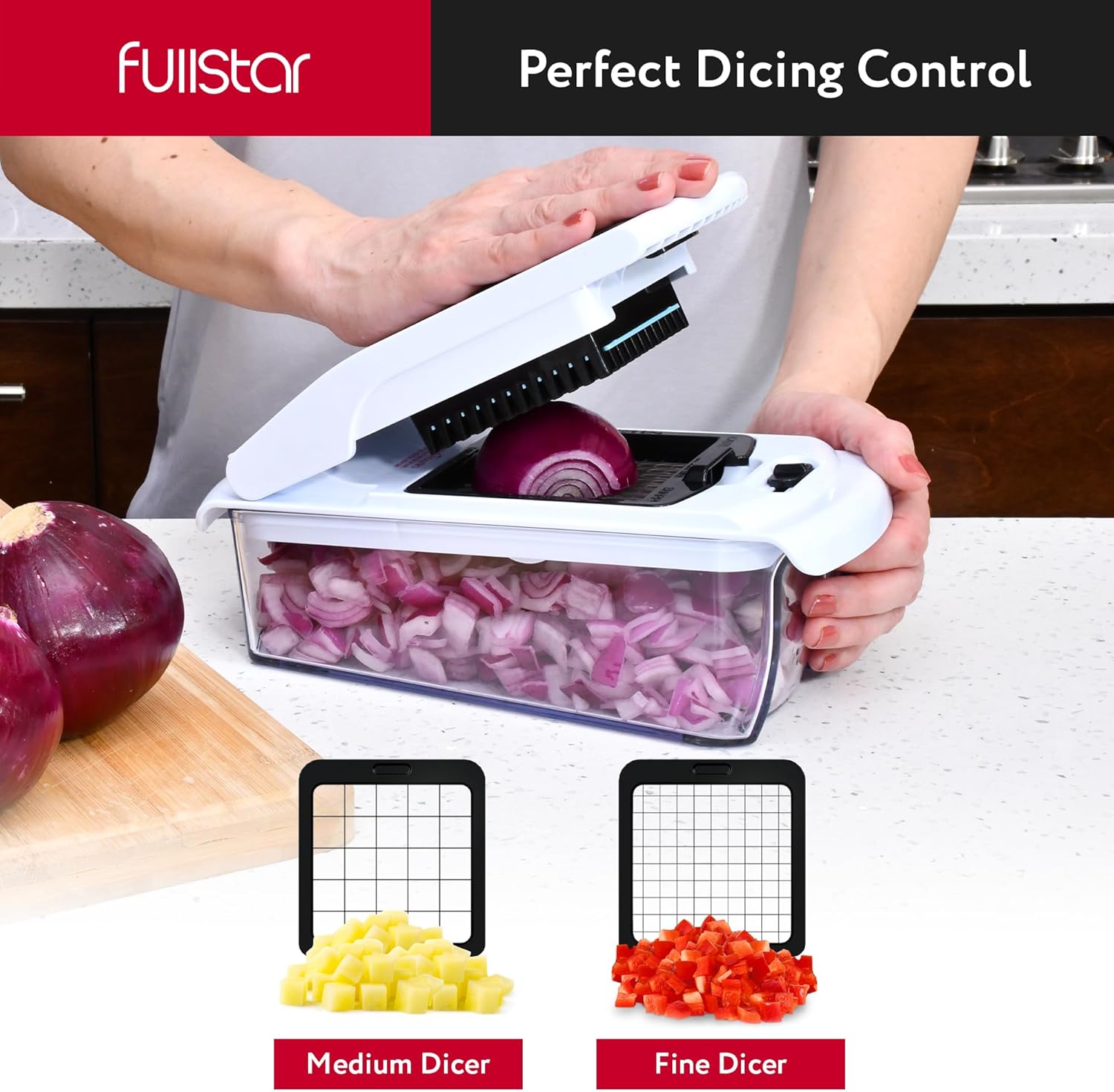 Fullstar Mandoline Slicer for Kitchen - Vegetable Chopper, Onion Potato Food Veggie Fruit Slicer and Cutter with Container, Kitchen Gadgets & Gifts, Home Essentials (All-in-1, White/Black)