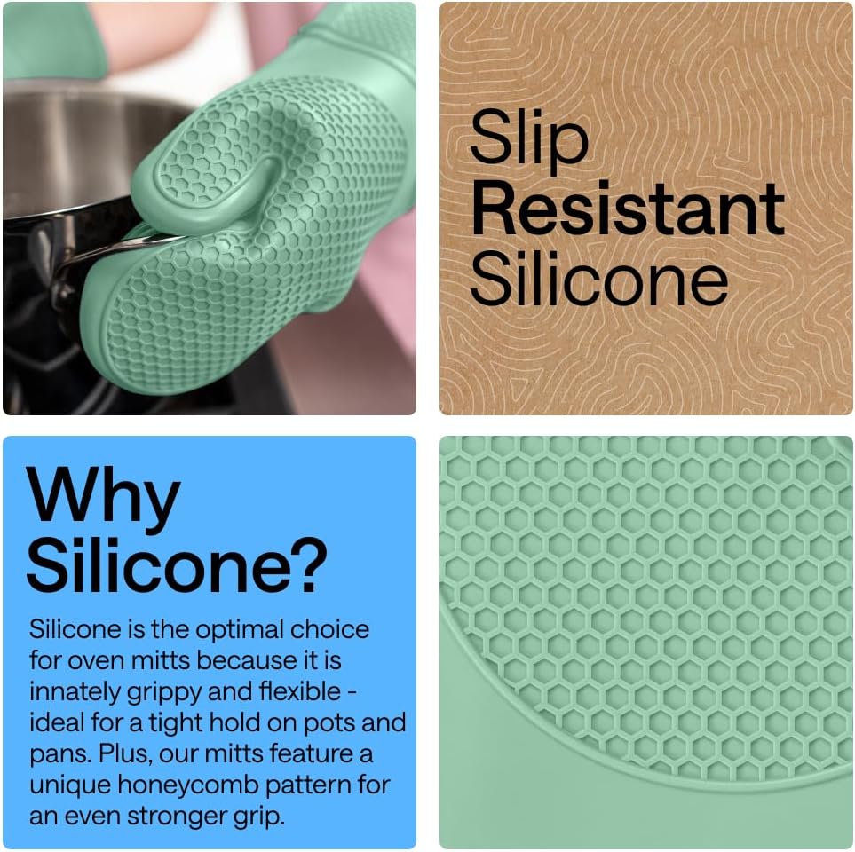 GORILLA GRIP BPA-Free Soft Silicone Oven Mitts, Heat Resistant and Waterproof Cooking Gloves, Thick Cotton Lining, Flexible Gripping for Baking Grilling, Kitchen Potholders Set of 2, 12.5x8.3, Mint