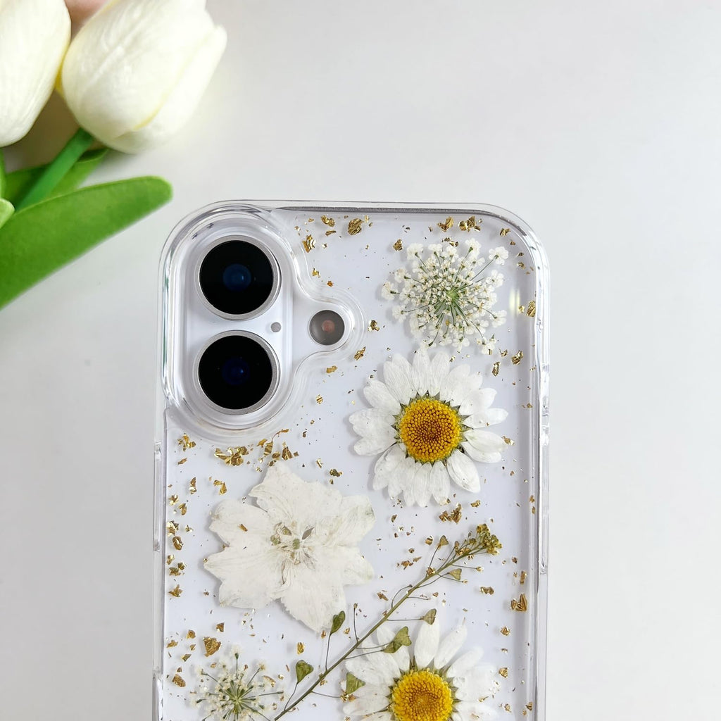 Clear Case for iPhone 17 with Pressed Real Flowers Design, Glitter White Floral Soft TPU Protective Cover