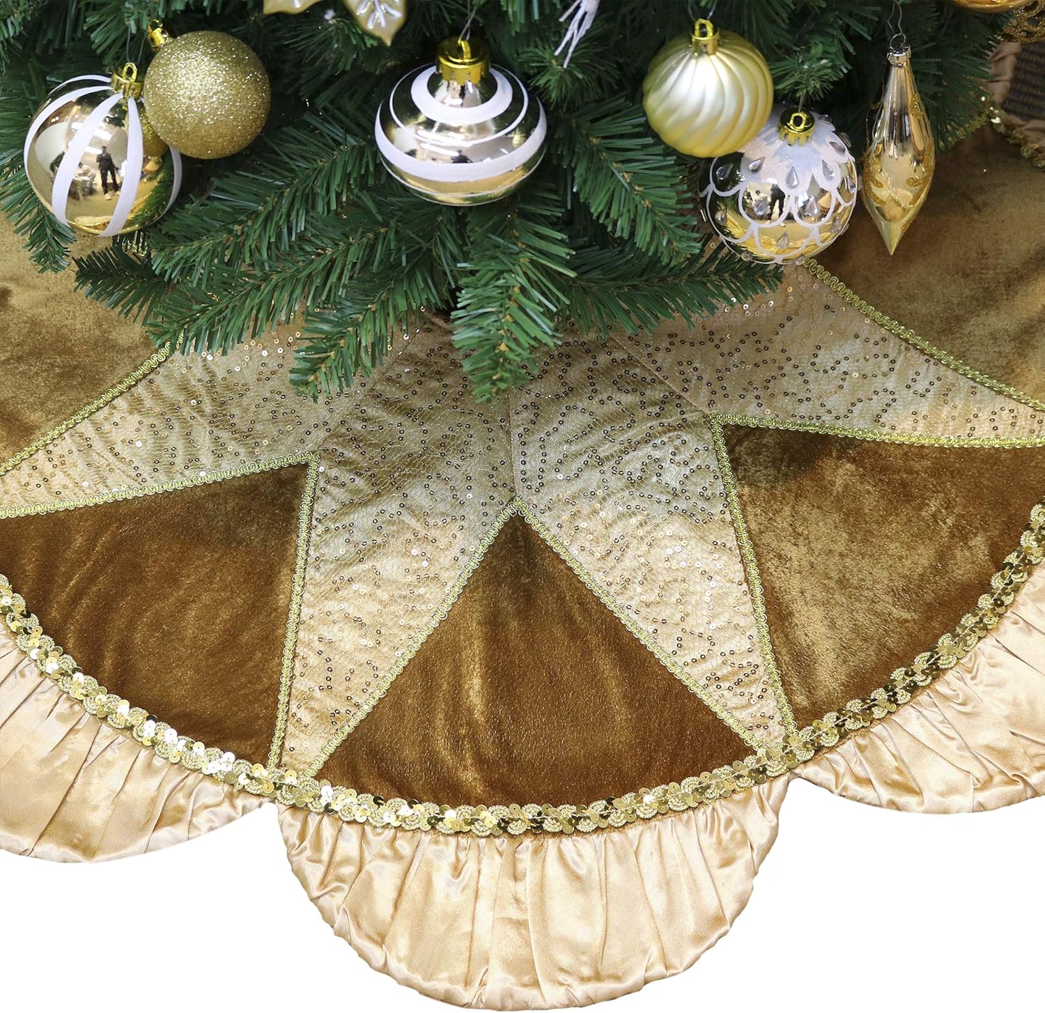 Valery Madelyn Christmas Tree Skirt for Tree Decorations, 48 inch Luxury Sparking Gold Large Xmas Velvet Tree Skirt with Starshaped Sequins Pattern & Ruffle Trim for Chritmas Decor