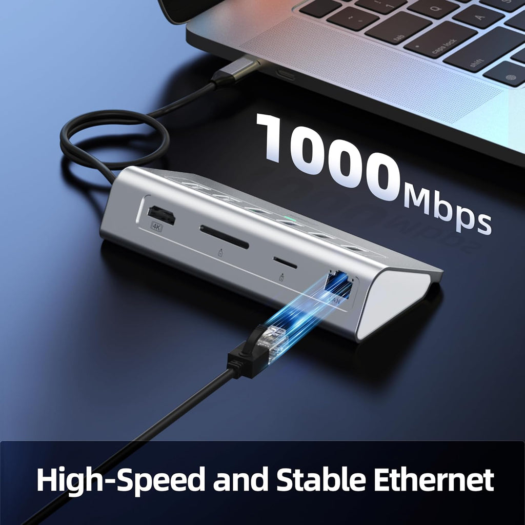 10-in-1 USB C Hub with 4K HDMI, Gigabit Ethernet, 100W PD, and SD/TF Card Reader