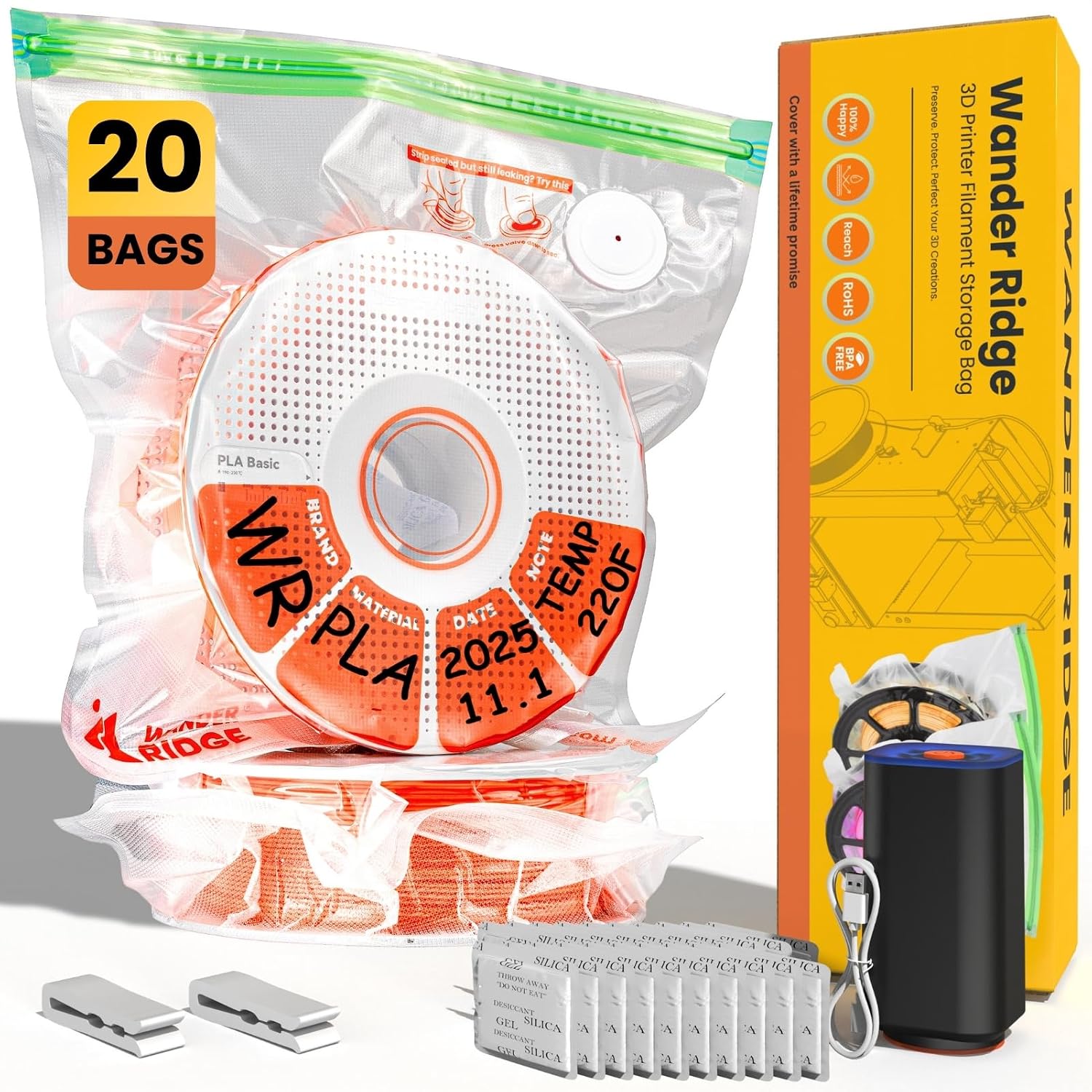 20 PCS 3D Printer Filament Vacuum Storage Bags Kit with Auto Pump and Desiccants