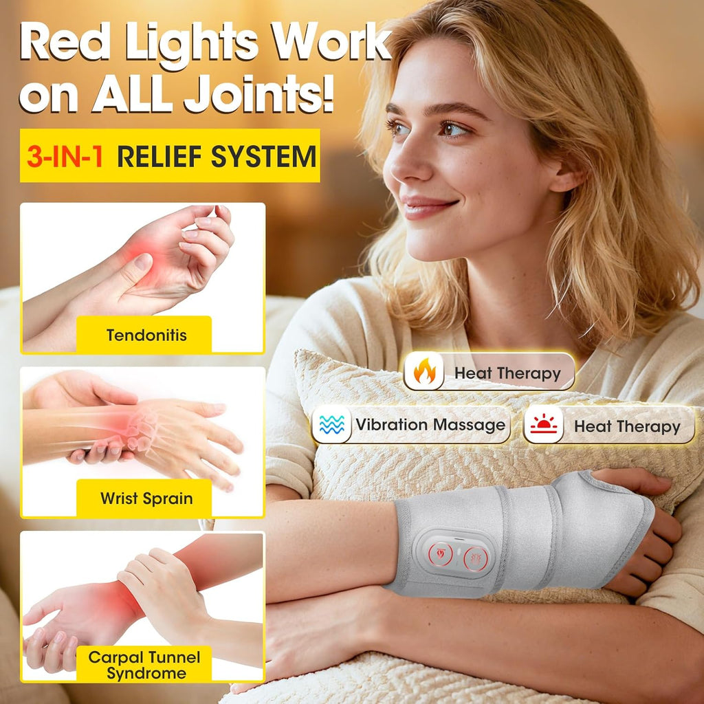 Cordless Wrist Hand Heating Pad Massage for Pain Relief, Rechargeable Heated Wrist Brace for Carpal Tunnel, Red Light Therapy Heated Wrist Massager Wrap for Arthritis