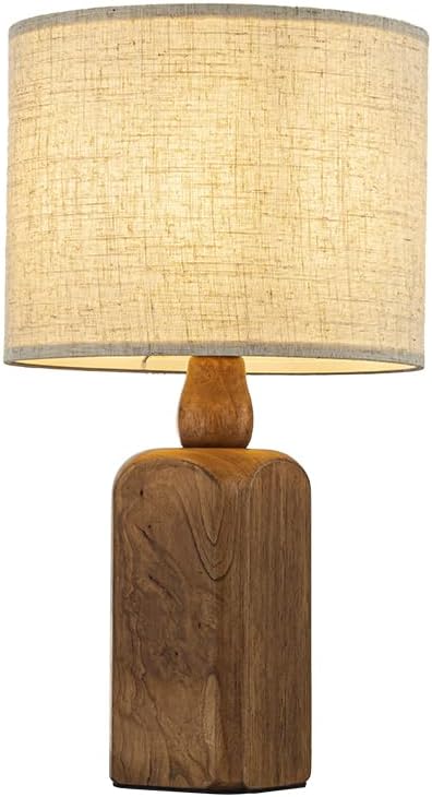 ALOADECOR 18" Farmhouse Small Table Lamp with Honey Natural Wood Base Classic Beige Fabric Drum Shade Bedside Lamp Traditional Desk Lamp for Home Office Foyer Living Room
