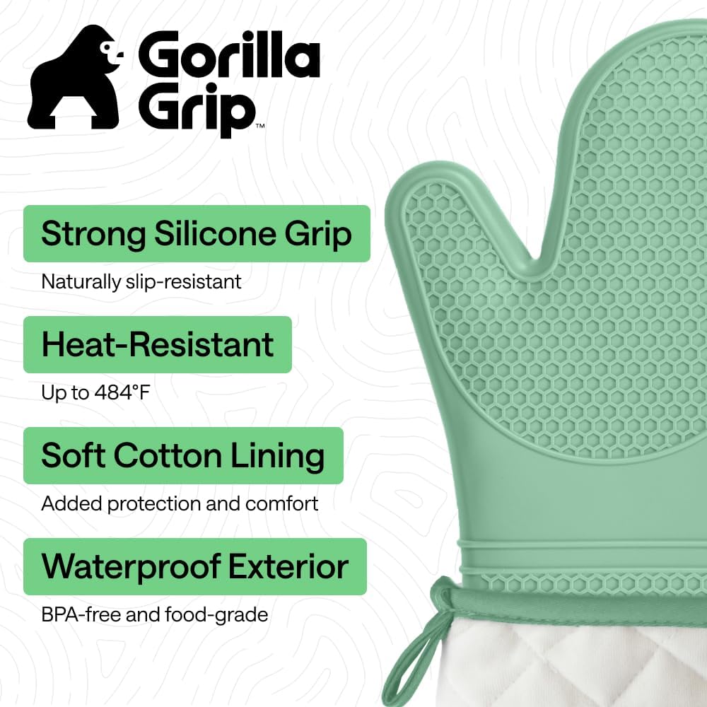 GORILLA GRIP BPA-Free Soft Silicone Oven Mitts, Heat Resistant and Waterproof Cooking Gloves, Thick Cotton Lining, Flexible Gripping for Baking Grilling, Kitchen Potholders Set of 2, 12.5x8.3, Mint
