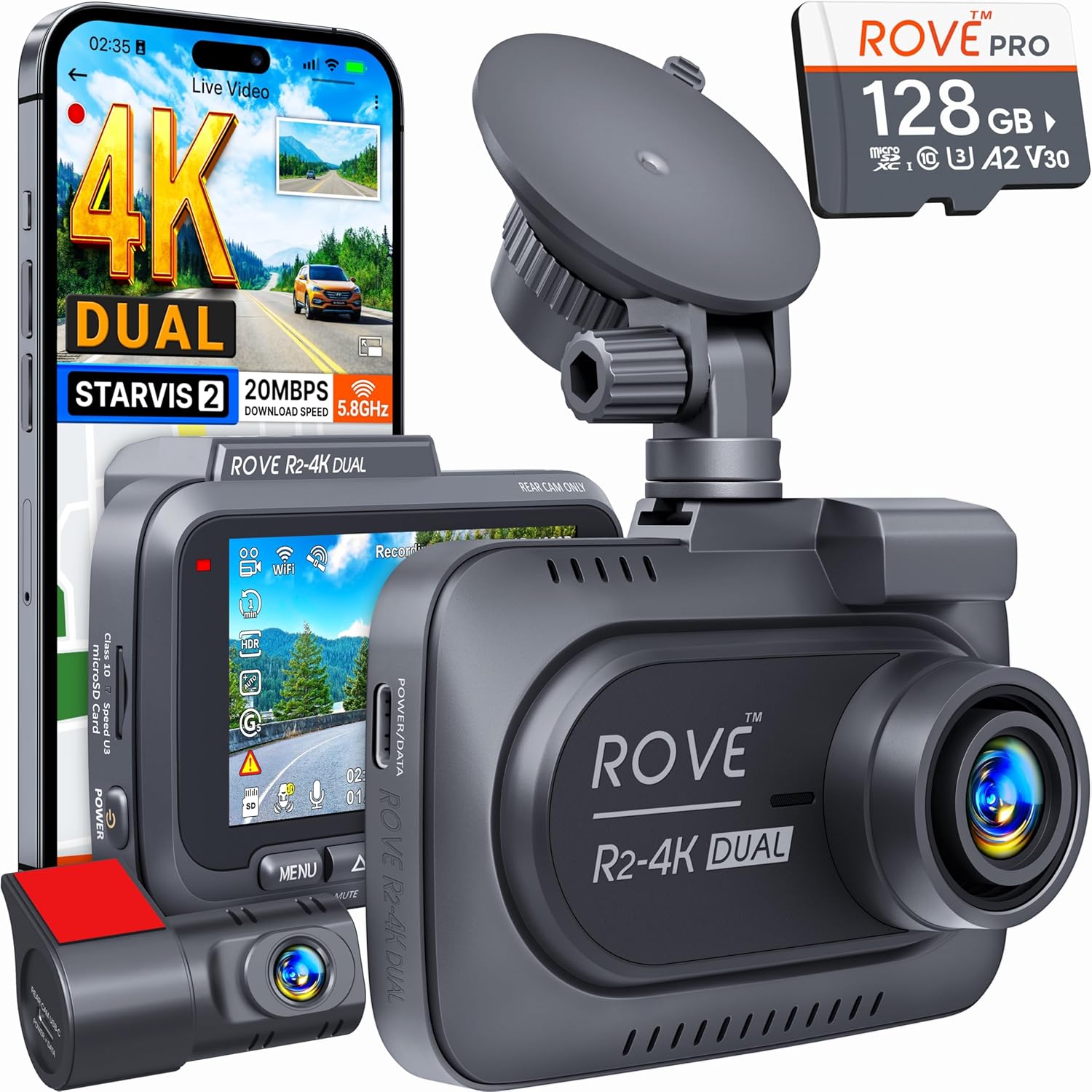 ROVE R2-4K DUAL Dash Cam Front and Rear, STARVIS 2 Sensor, 5G WiFi, 4K/FHD Dash Camera for Cars