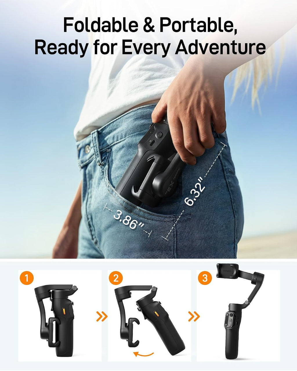 3-Axis Gimbal Stabilizer for iPhone & Android with Detachable Remote, Foldable Phone Stabilizer