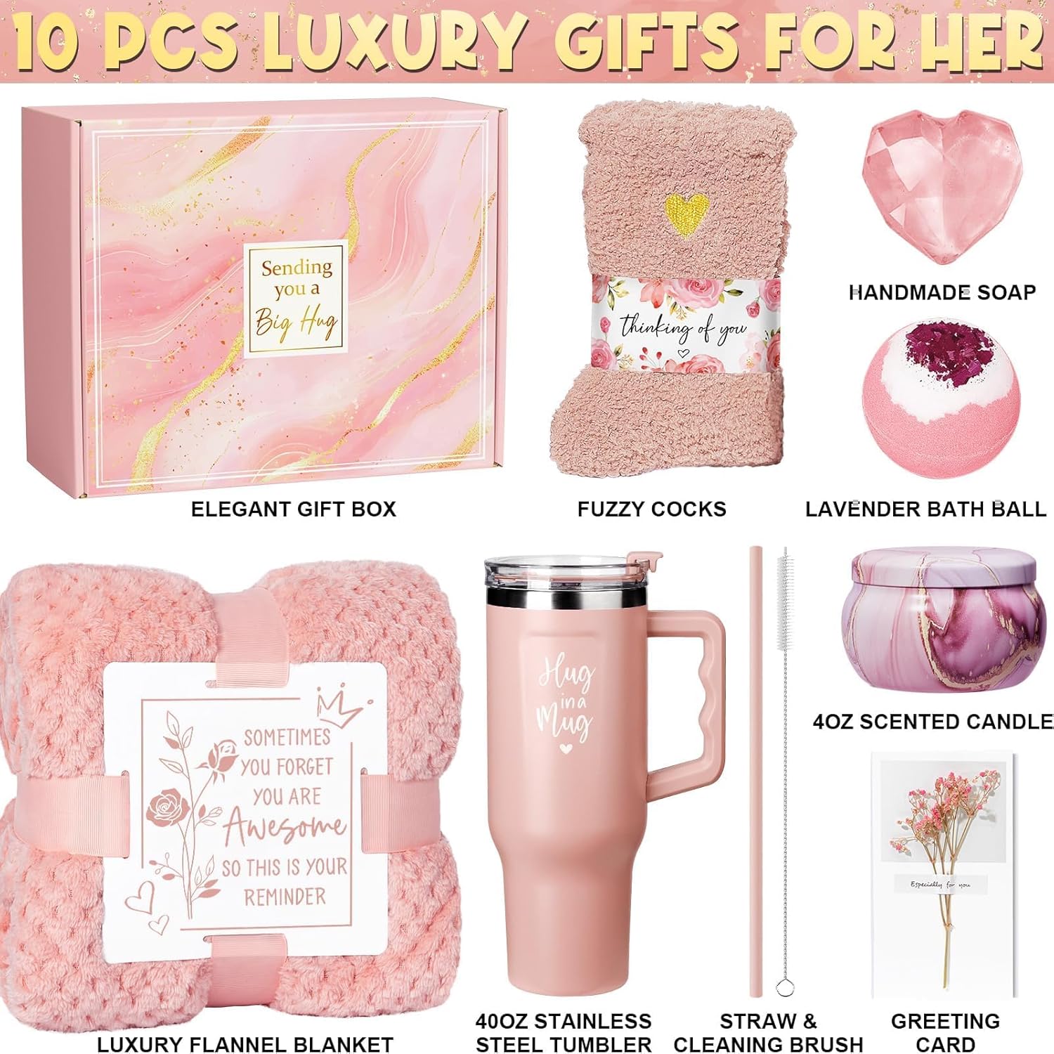 Birthday Gifts for Women Self Care Get Well Soon Gifts, Rose Relaxing Spa Bath Gift Basket Care Package w/ Flannel Blanket 40 OZ Tumbler, Mother's Day Gift for Mom Her Wife Girlfriend Grandma Sister