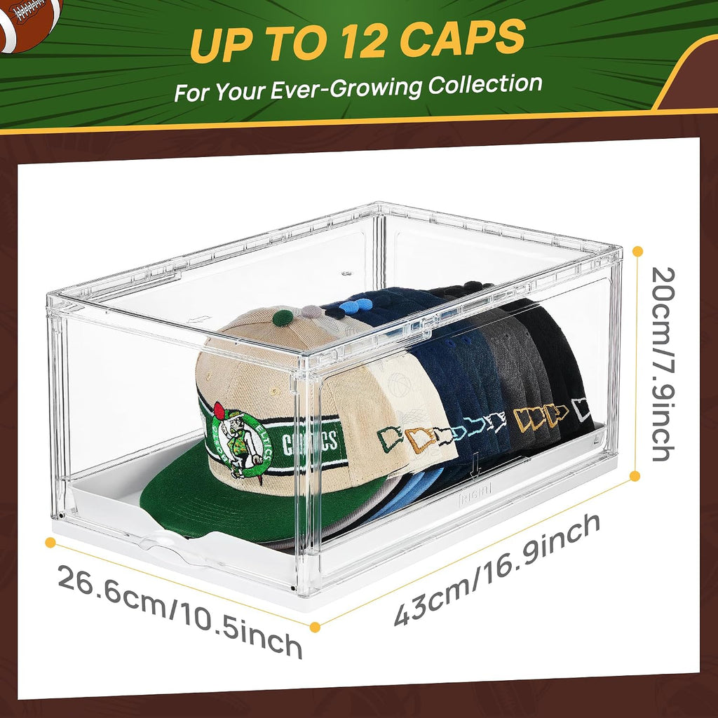 2 Pack Clear Hat Organizer Drawer for Baseball Caps, Stackable Display Case with Magnetic Door