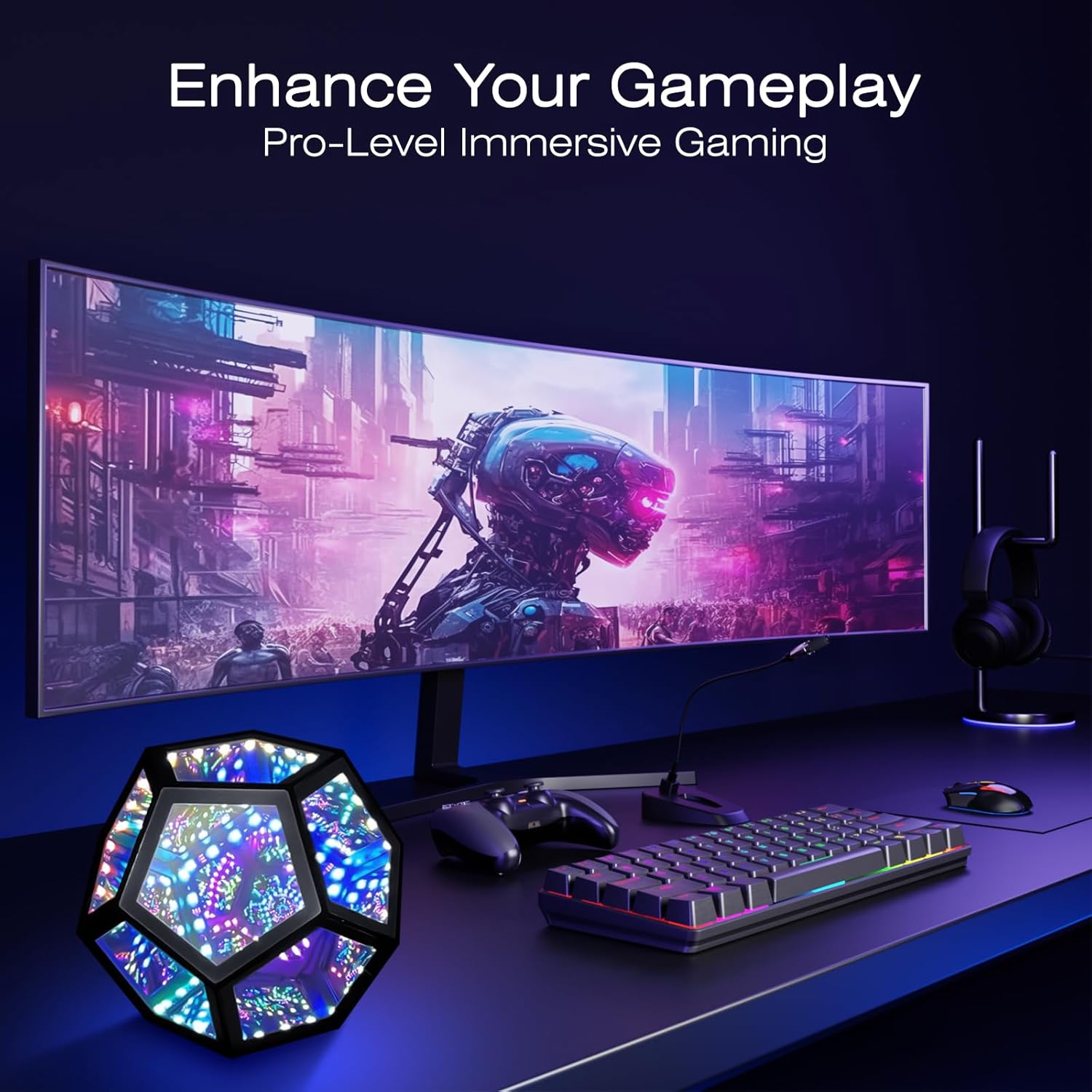 MITO Infinity Mirror Light Infinite Dodecahedron Color Art Light for Gaming Room Decor 3D Hyper Cube RGBW Color Changing Night Lighting for Computer Gaming Desk Birthday Christmas Gift