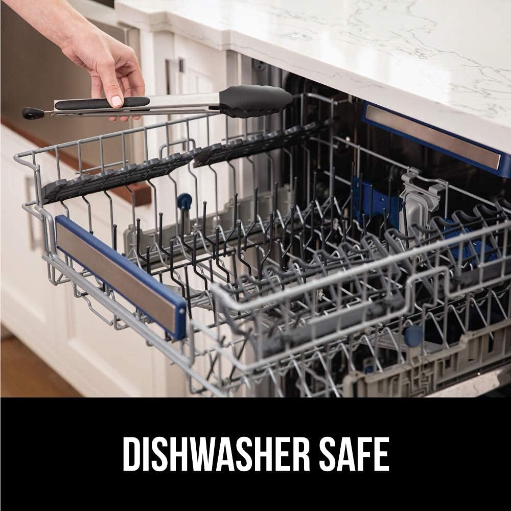 GORILLA GRIP Stainless Steel Heat Resistant Kitchen Tongs for Cooking, 12 + 14 Inch Set of 2 BBQ Tong, Non Scratch Silicone Tip for Pan, Strong Grip, Grab Food, Toss Salad, Air Fryer, Pull Lock, Black