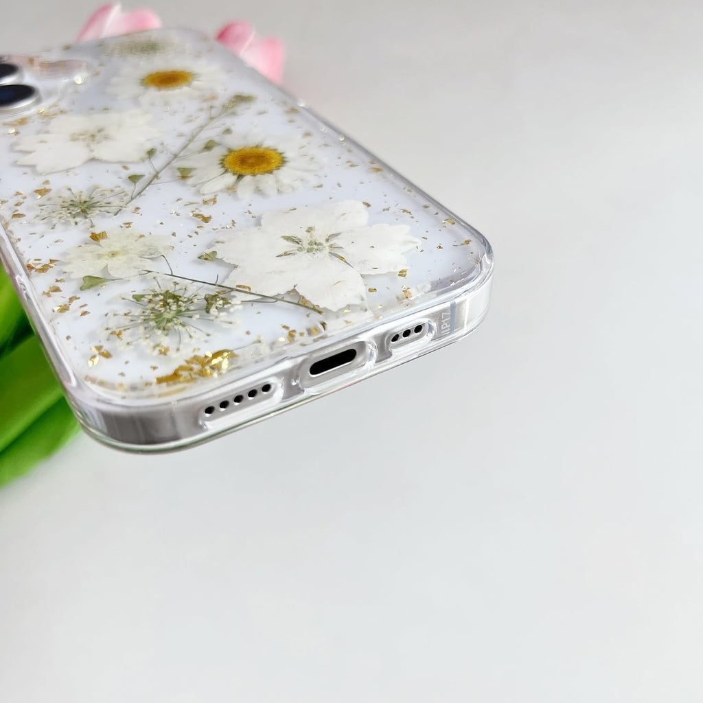 Clear Case for iPhone 17 with Pressed Real Flowers Design, Glitter White Floral Soft TPU Protective Cover