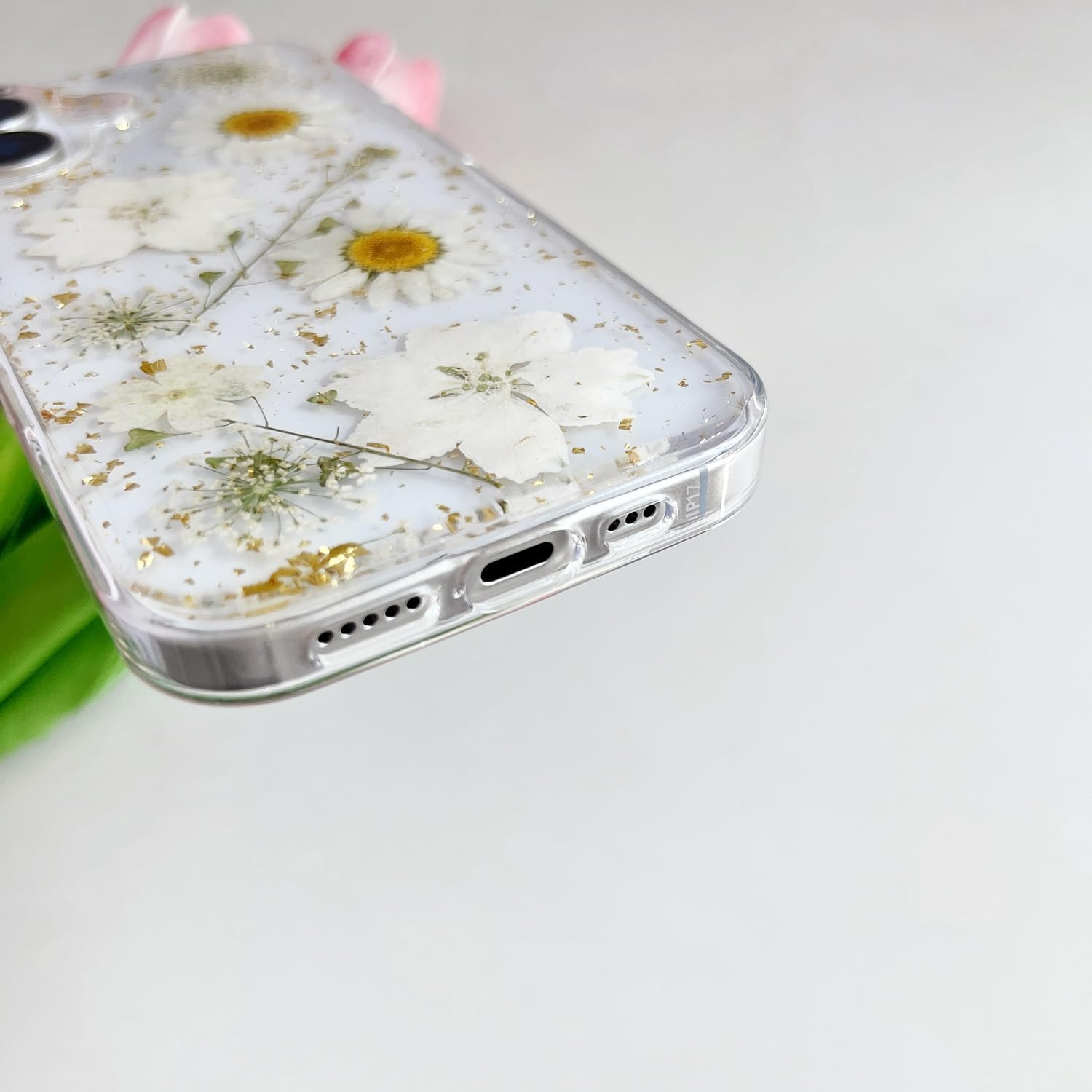 Clear Case for iPhone 17 with Pressed Real Flowers Design, Glitter White Floral Soft TPU Protective Cover