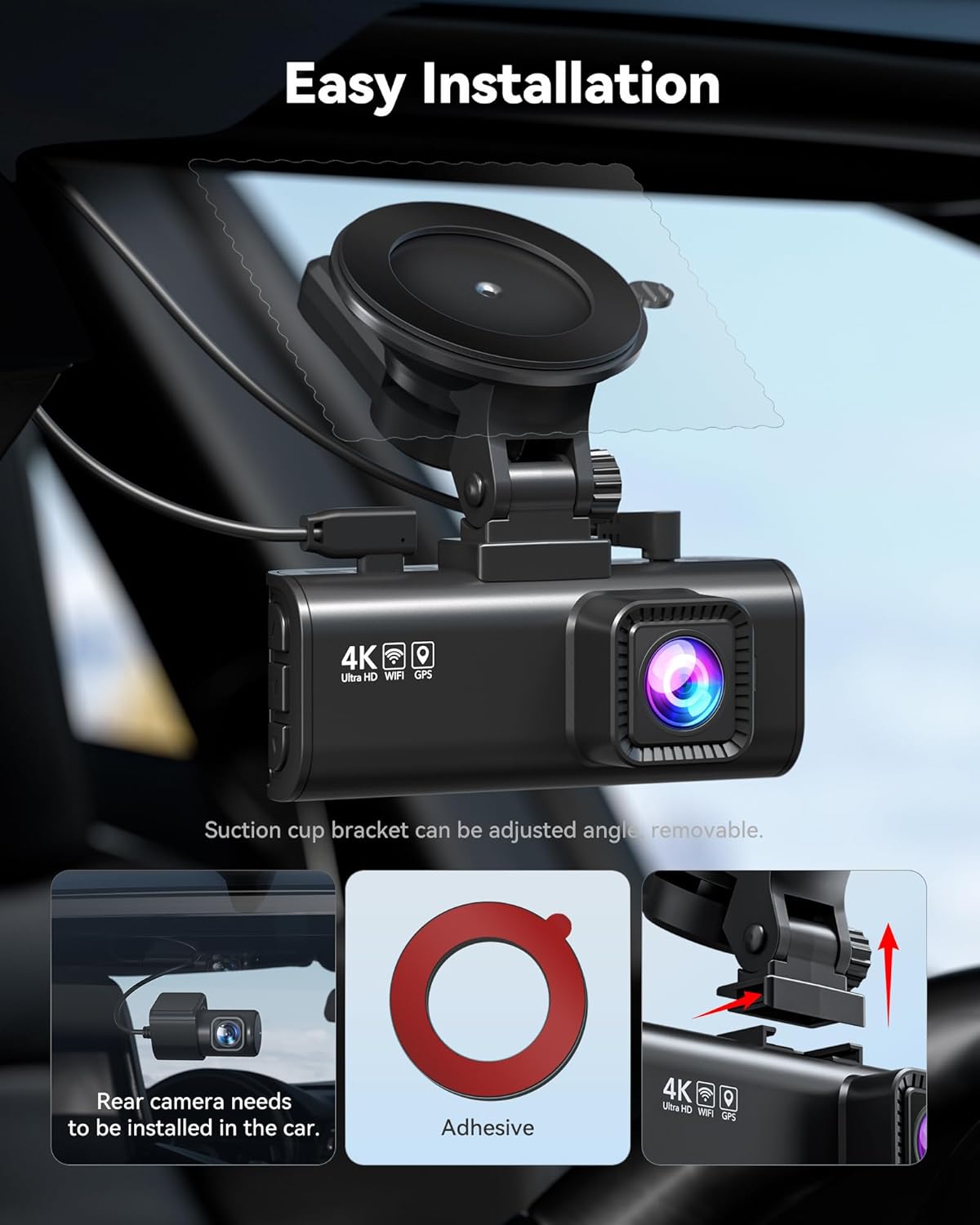 4K Front and 1080P Rear Dual Dash Cam with STARVIS 2 Sensor, 5.8GHz WiFi, GPS, and Night Vision