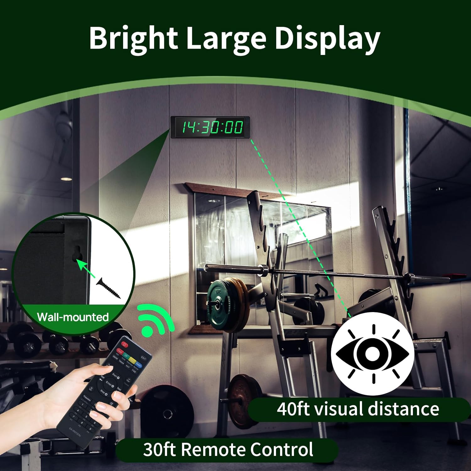 Gym Timer Clock for Home Gym, Fitness Timer with External Stopwatch Button and Remote Control