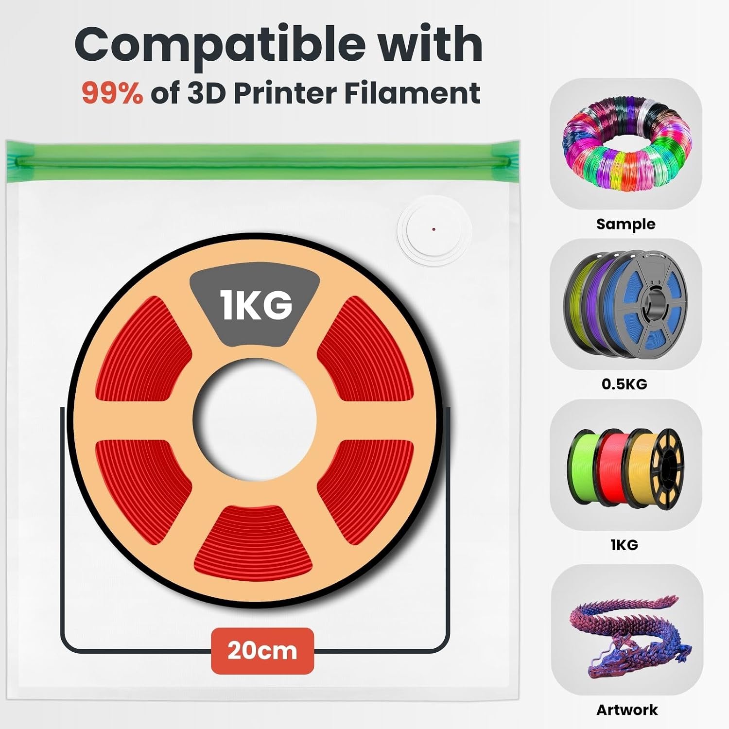 20 PCS 3D Printer Filament Vacuum Storage Bags Kit with Auto Pump and Desiccants