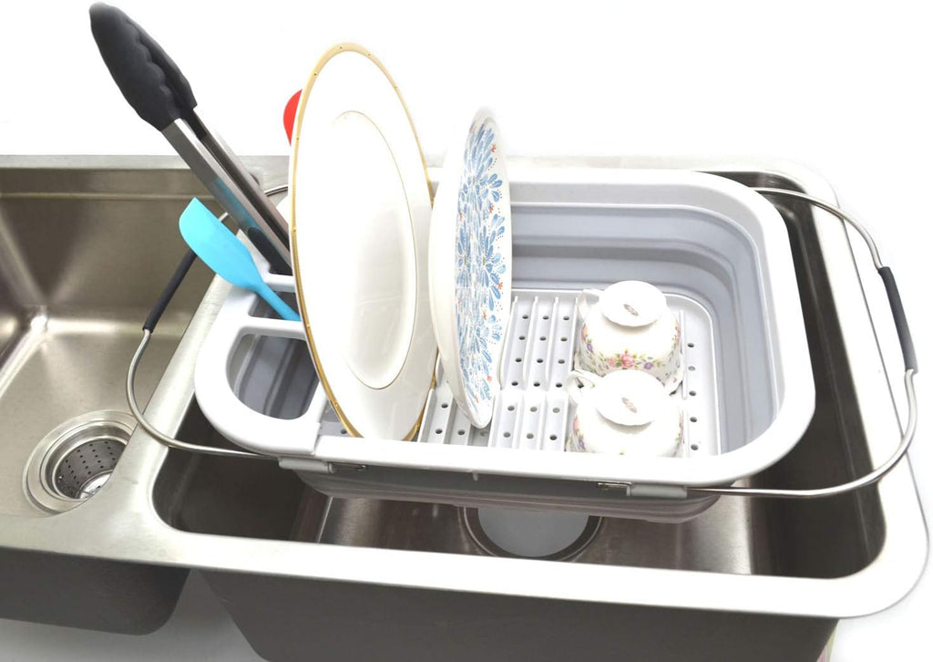 SAMMART Expandable & Collapsible Dish Drainer - Foldable Drying Rack Set - Portable Dinnerware Organizer - Space Saving Kitchen Storage Tray (1, Grey)
