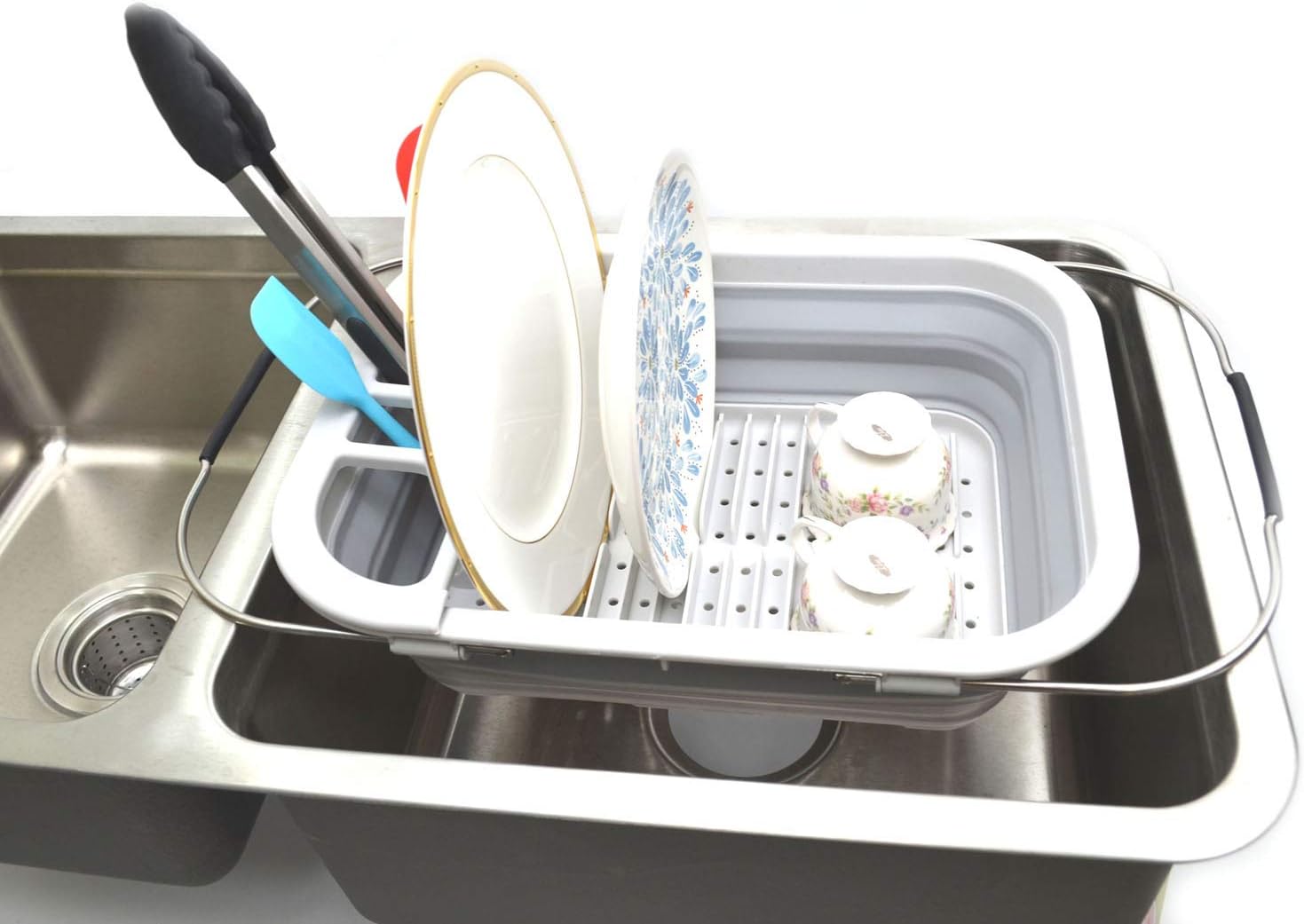 SAMMART Expandable & Collapsible Dish Drainer - Foldable Drying Rack Set - Portable Dinnerware Organizer - Space Saving Kitchen Storage Tray (1, Grey)