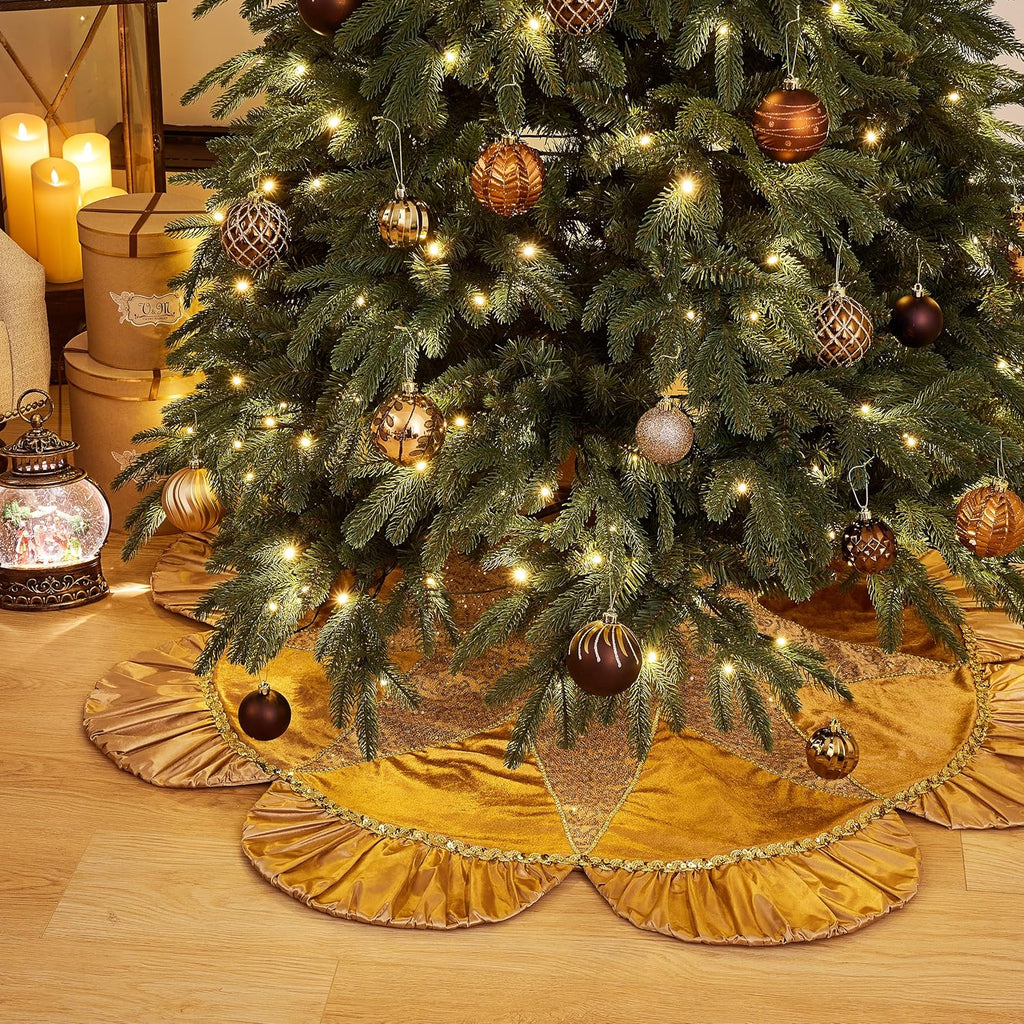 Valery Madelyn Christmas Tree Skirt for Tree Decorations, 48 inch Luxury Sparking Gold Large Xmas Velvet Tree Skirt with Starshaped Sequins Pattern & Ruffle Trim for Chritmas Decor