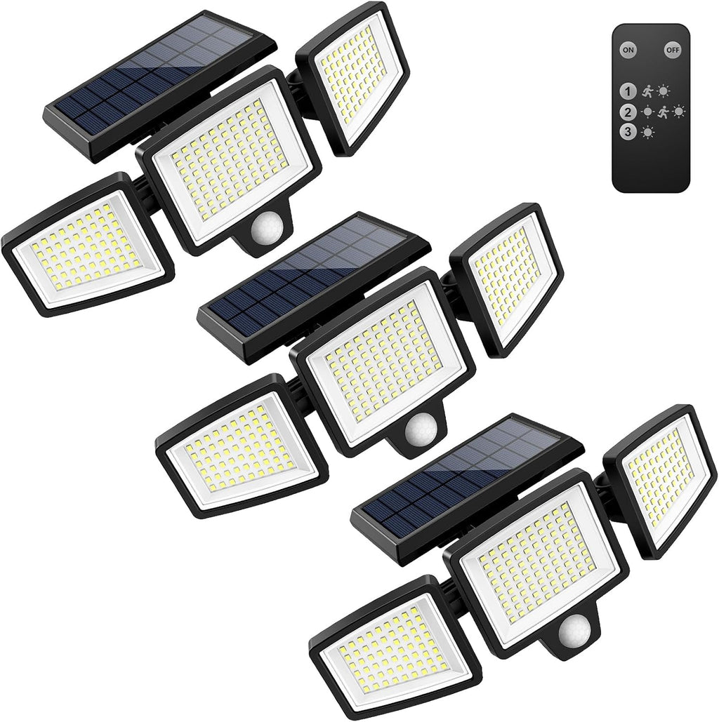 Solar Outdoor Lights 2500LM 210 LED Security Lights with Remote Control,3 Heads Motion Sensor Lights, IP65 Waterproof,270° Wide Angle Flood Wall Lights with 3 Modes