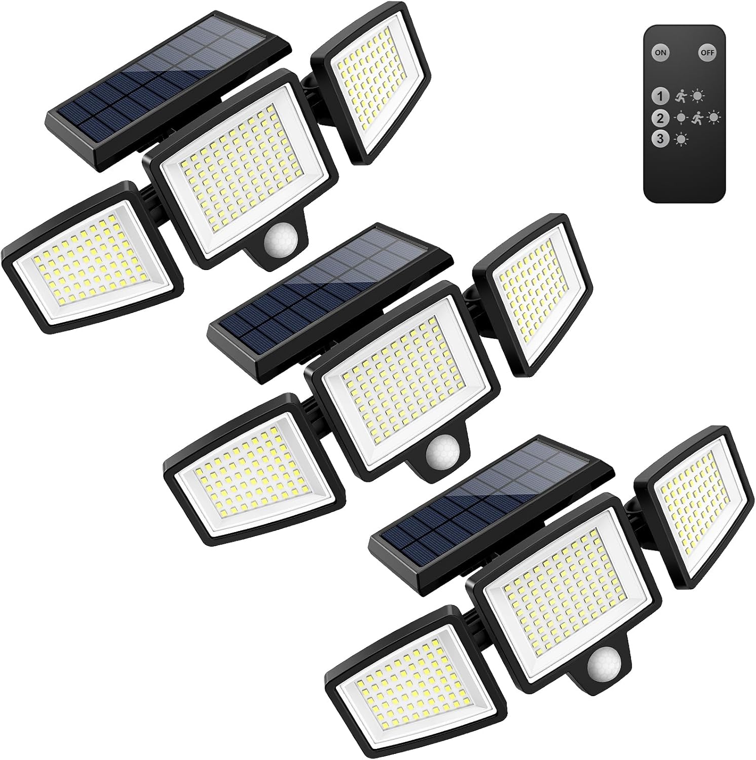 Solar Outdoor Lights 2500LM 210 LED Security Lights with Remote Control,3 Heads Motion Sensor Lights, IP65 Waterproof,270° Wide Angle Flood Wall Lights with 3 Modes