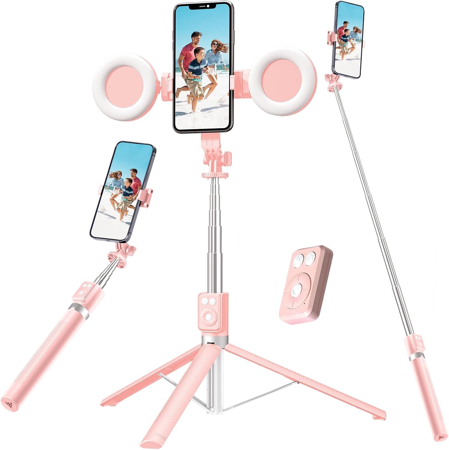 Pink 6-in-1 selfie stick shown folded, handheld, and as a tripod