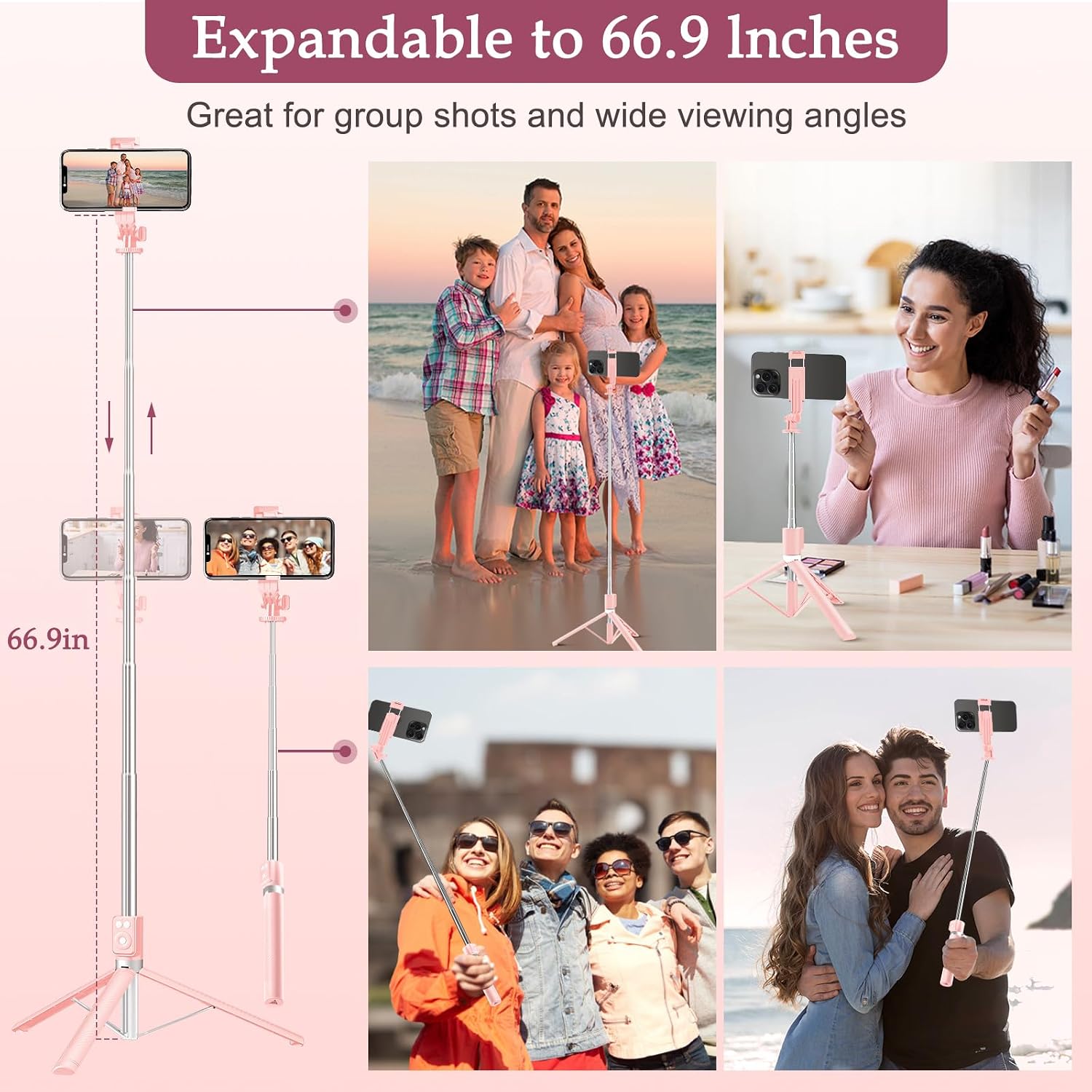 Selfie tripod extended for family, group, tabletop, and travel shots