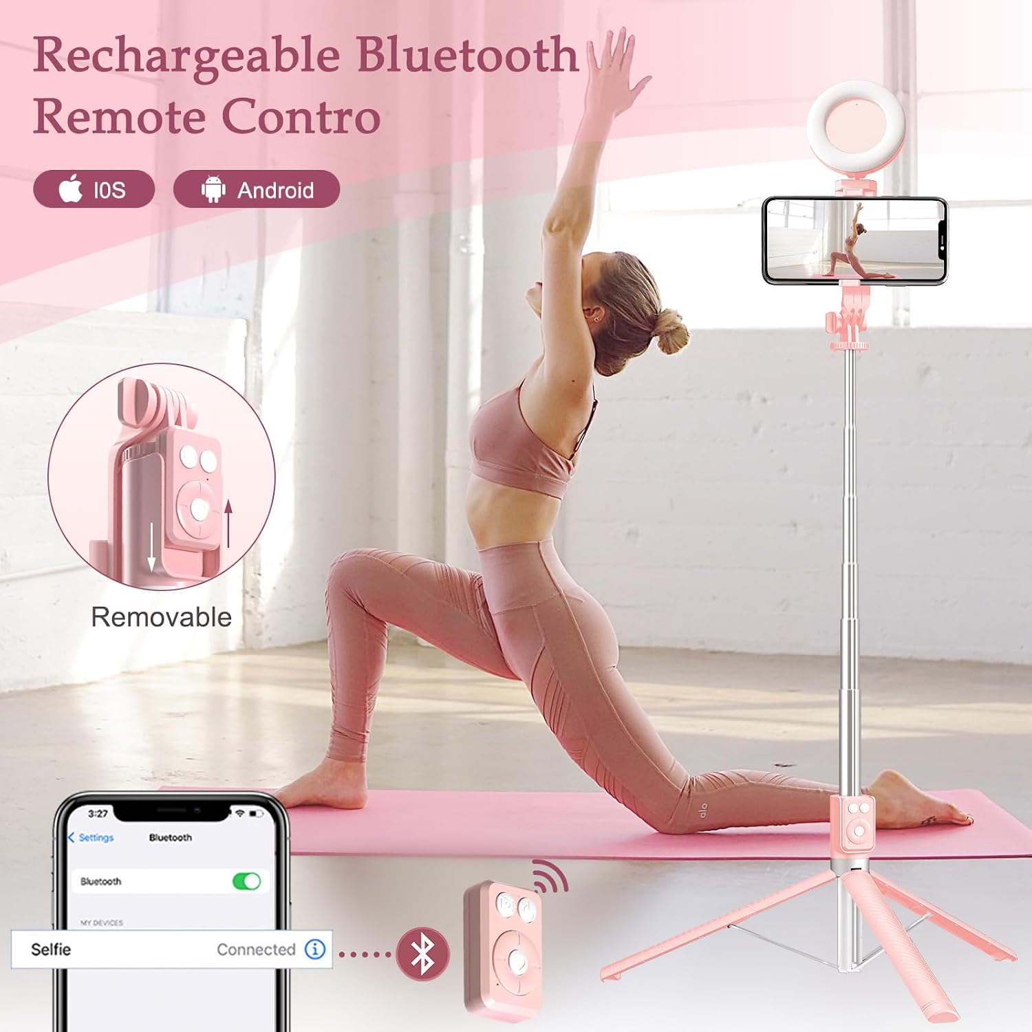 Pink selfie stick tripod used hands-free with the wireless remote