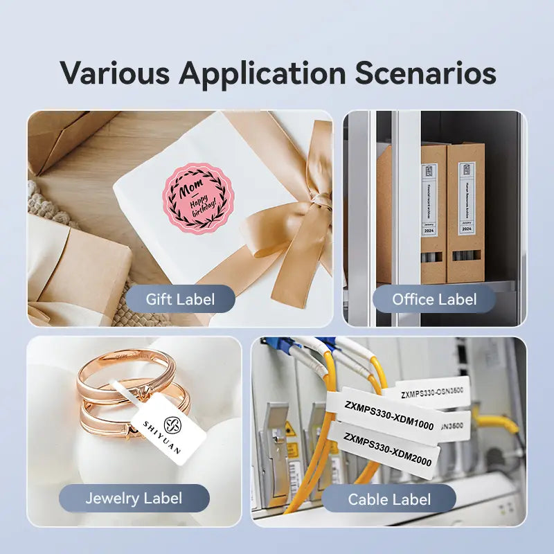 Printed labels used on a gift, office files, jewelry tags and cables
