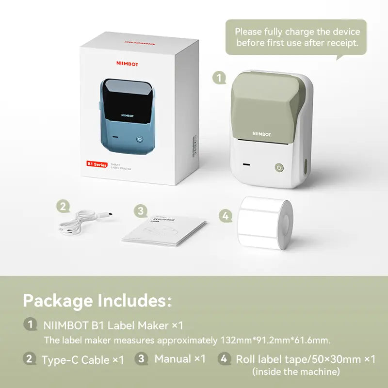 Standard B1 kit diagram showing printer, Type-C cable, manual and one installed 50 by 30 millimeter white label roll